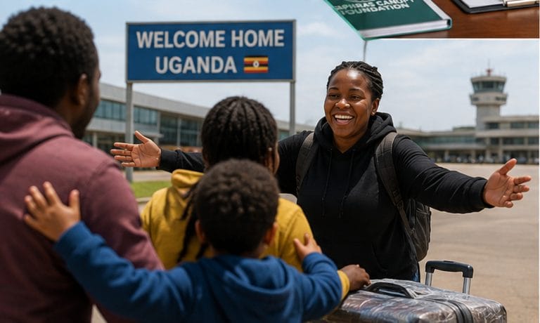 Ugandan woman arriving home with luggage and receiving support from Epaphras Canopy Foundation