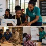 Vocational skills training in Uganda with ECF staff guiding women at a sewing workshop copy