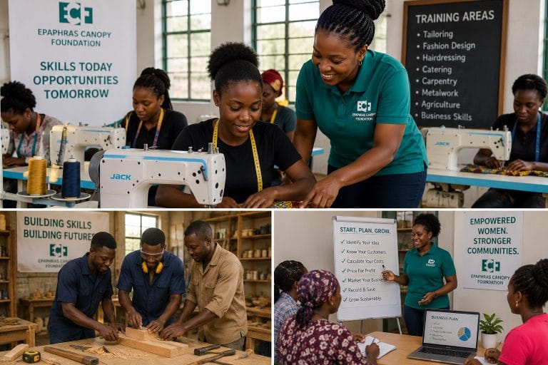 Vocational skills training in Uganda with ECF staff guiding women at a sewing workshop copy